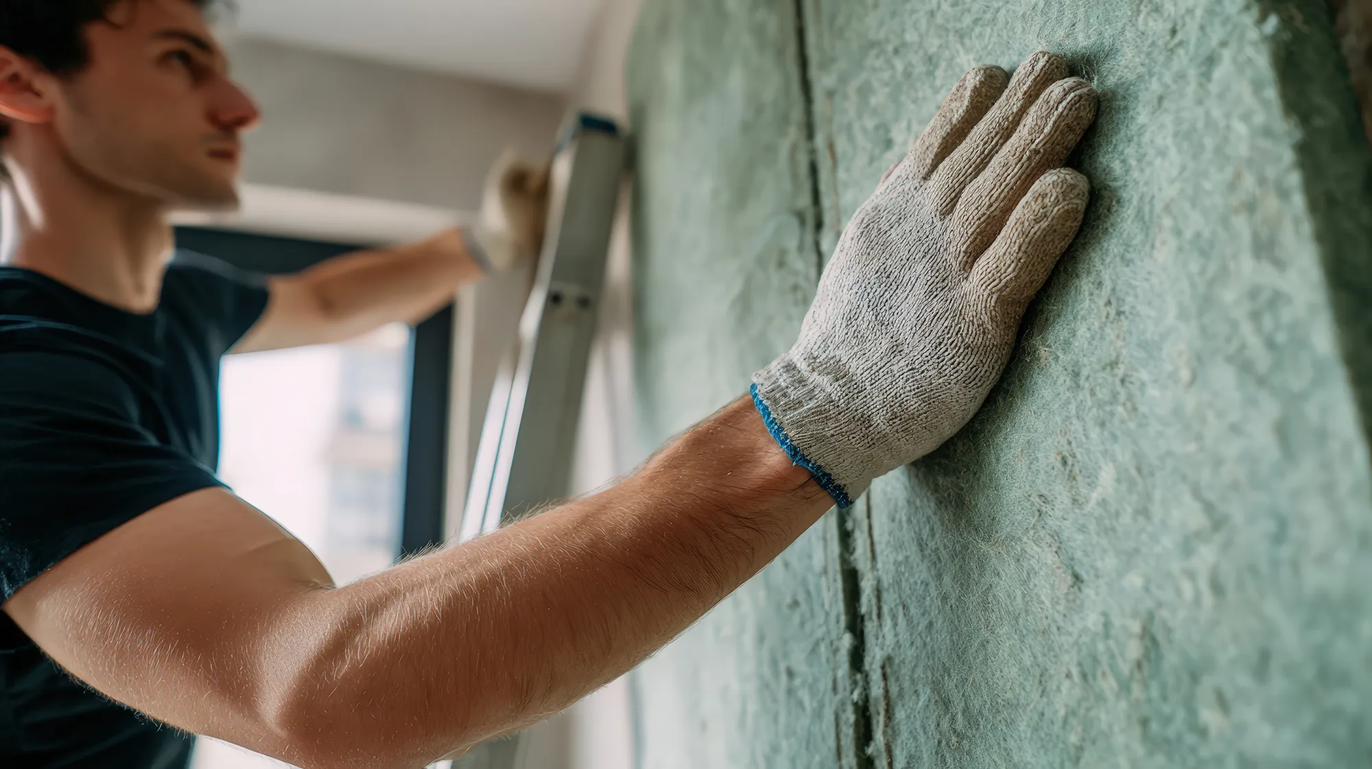 Un posatore applica a muro un pannello in lana di roccia